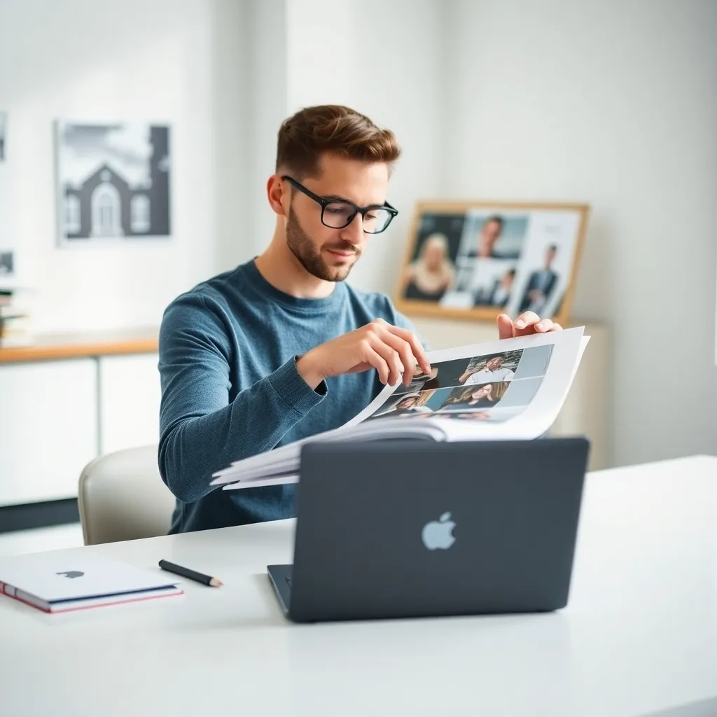 Designer die zorgvuldig portfolio-items selecteert