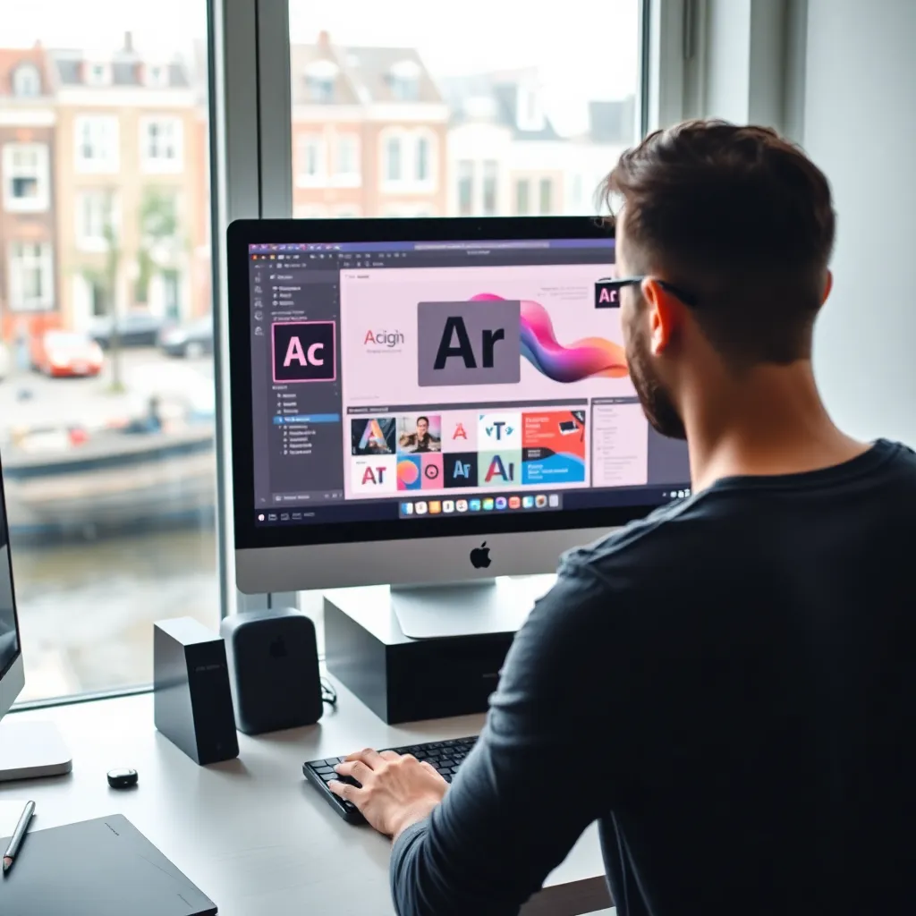 Professionele Nederlandse ontwerper werkt met Adobe Creative Cloud applicaties op een groot beeldscherm